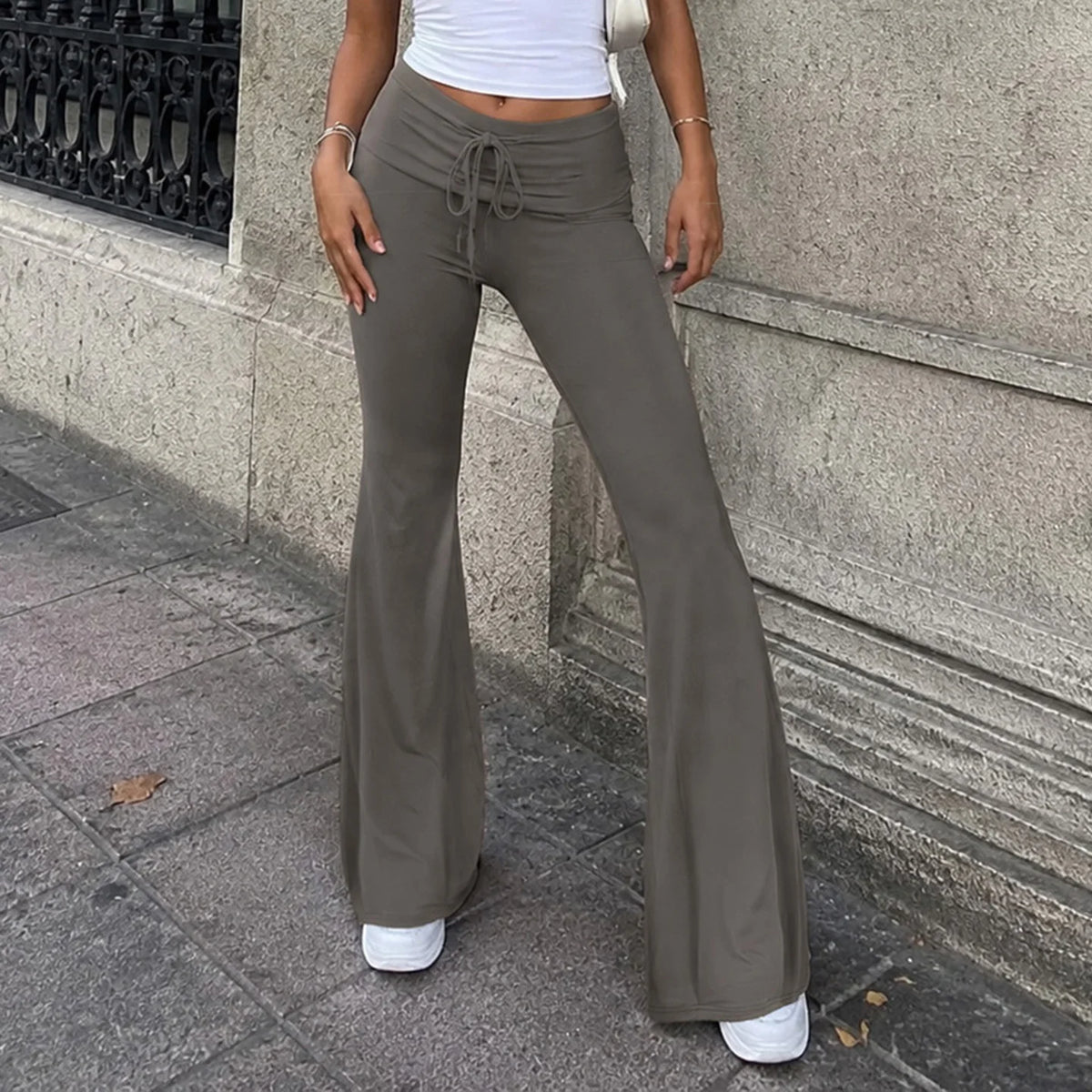 Cyflymder  Wommen Drawstring Fold Over Waist Flare Pants Solid Gray Slim Bootcut Trousers Stretchy Casual Streetwear Low Waist Bell Bottom