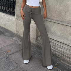 Cyflymder  Wommen Drawstring Fold Over Waist Flare Pants Solid Gray Slim Bootcut Trousers Stretchy Casual Streetwear Low Waist Bell Bottom