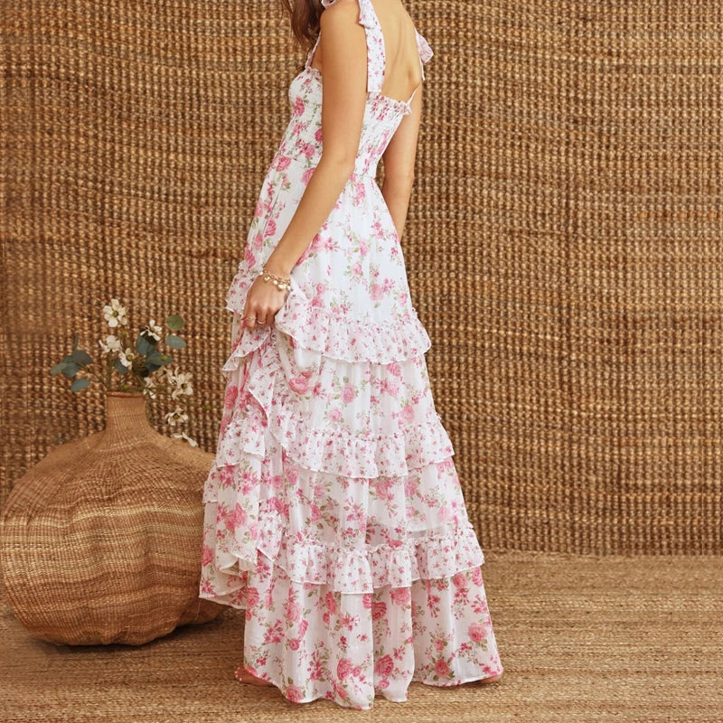 Cyflymder  Floral Tie Shoulder Maxi Dress for Women Y2k Spaghetti Strap Ruffles Flowy Long Dress Ladies Summer Boho Beach A-line Sundress