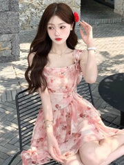 Cyflymder  Summer Sweet Fashion Elegant Floral Print Camisole Dress French Holiday Beach Irregular Dresses Women Evening Party Prom Gown