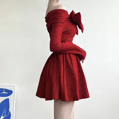 Cyflymder NEW YEAR DRESS Holiday Christmas Bow Velvet A-Line Red Dress Slim Slash Neck Long Sleeve Mini Dresses For Women Autumn Winter Lady