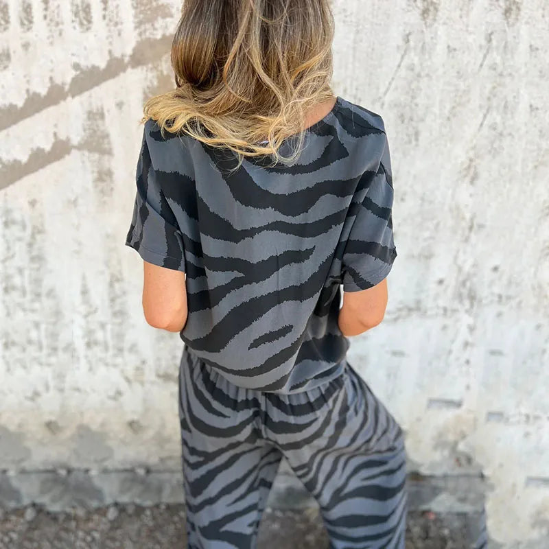 Cyflymder  Fashion Zebra Print 2 Piece Sets Women Summer Holiday Beachwear Short Sleeve V-Neck Top with Pockets Wide Leg Pants