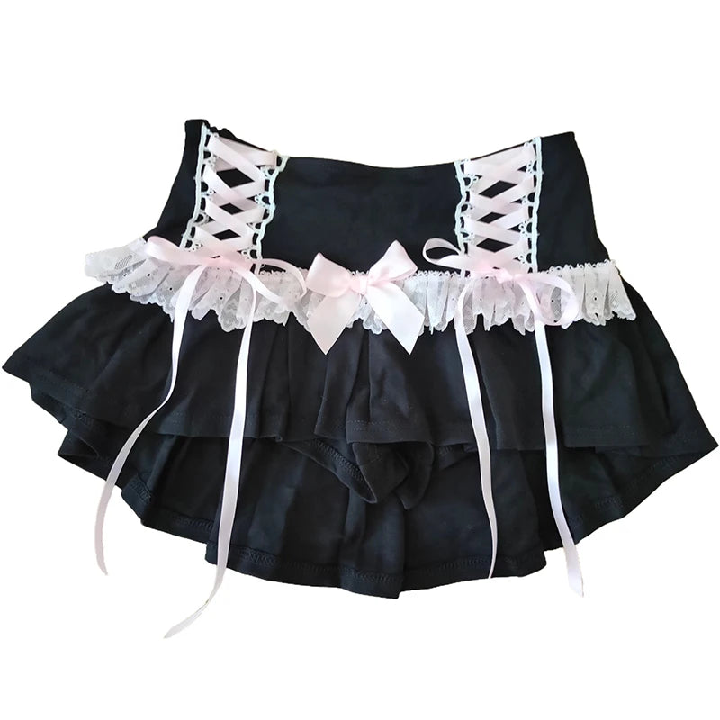 Cyflymder   Cute Pleated Skirts for Sweet Girls High Waist Lace Trim Pink Bow Lolita Style A-line Mini Shorts Skirt Summer