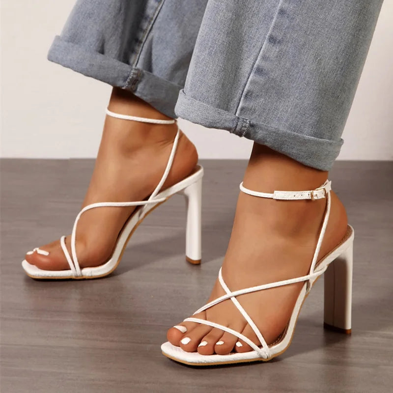 Cyflymder  White Sandals For Women Cozy Leather Narrow Band Square Toe Buckle Strap Ladies Shoes High Heels Gladiator Sandalias Mujer