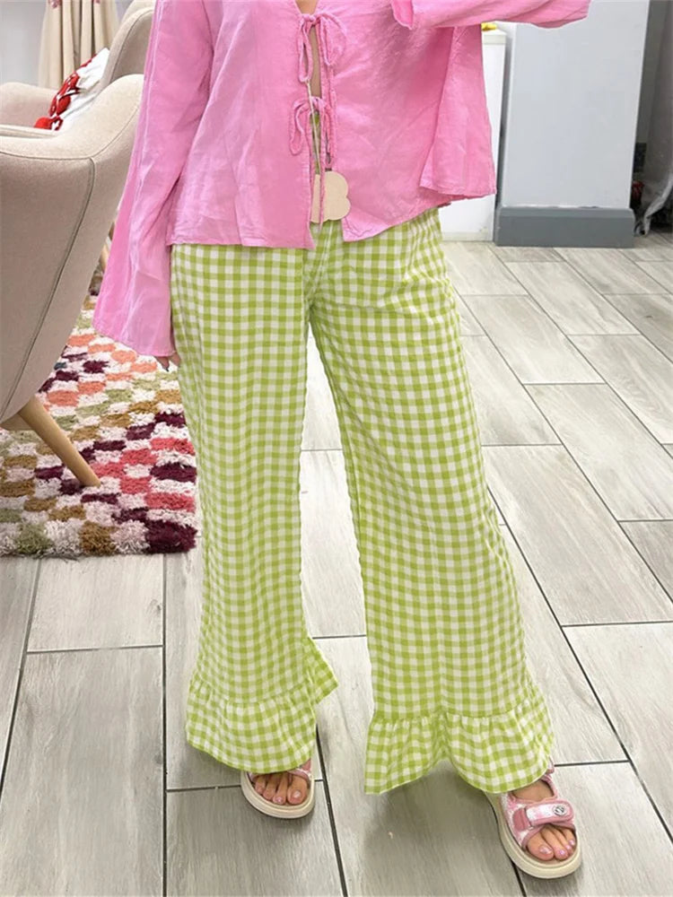 Cyflymder  Fashion Womens Plaid Print Pants Ruffles Legs Gingham Wide Leg Loose Casual Pull On Trousers Y2K Retro Chic Going Out Pants
