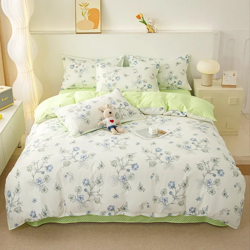 Cyflymder  Ins Style Plant Printed Skin Friendly Cotton Bed Sets 4Pcs Soft Cozy Duvet Cover Set for All Seasons King Queen Textile Supplies