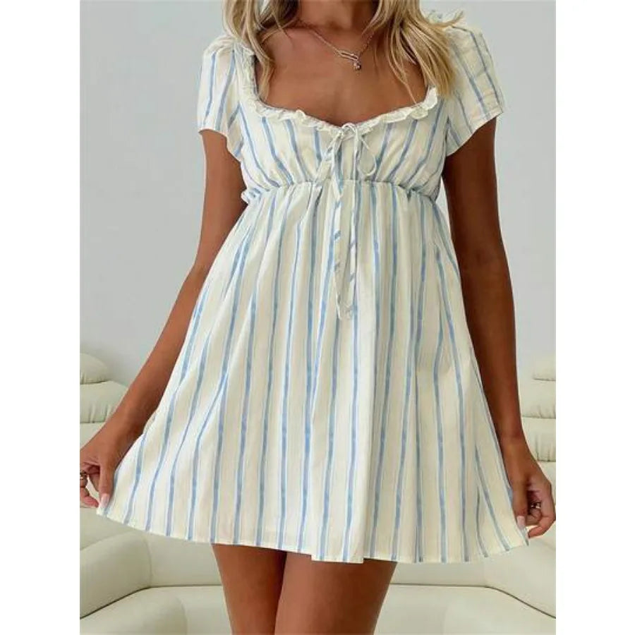 Cyflymder【New style】Women Summer Casual Short Dress Short Sleeve Solid Color/Stripe Print Square Neck Empire Waist Mini Dress