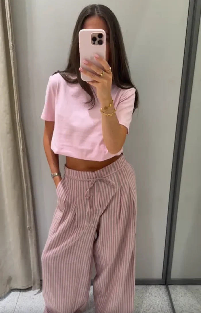 Cyflymder  Striped Drawstring Wide Leg Pants Women High Waist Side Pocket Vertical Stripe Bottom Lady's Casual Outdoor Streetwear Trousers