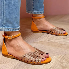 Cyflymder  Flat Heels Shoes Golden Peep Toe Women's Sandals Hollow Sandals Casual Shoes