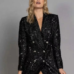 Cyflymder  New European-style Fashionable Lady's V-neck Formal Jacket with Double Button Fastening Black Sequin Trim Fitted Long Coat