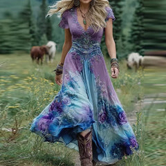 Cyflymder  Lady Fashion Flower Print Bohemian Dress Casual Hight Waist Slim Long Party Dress Summer Elegant V-neck Short Sleeve Swing Dress