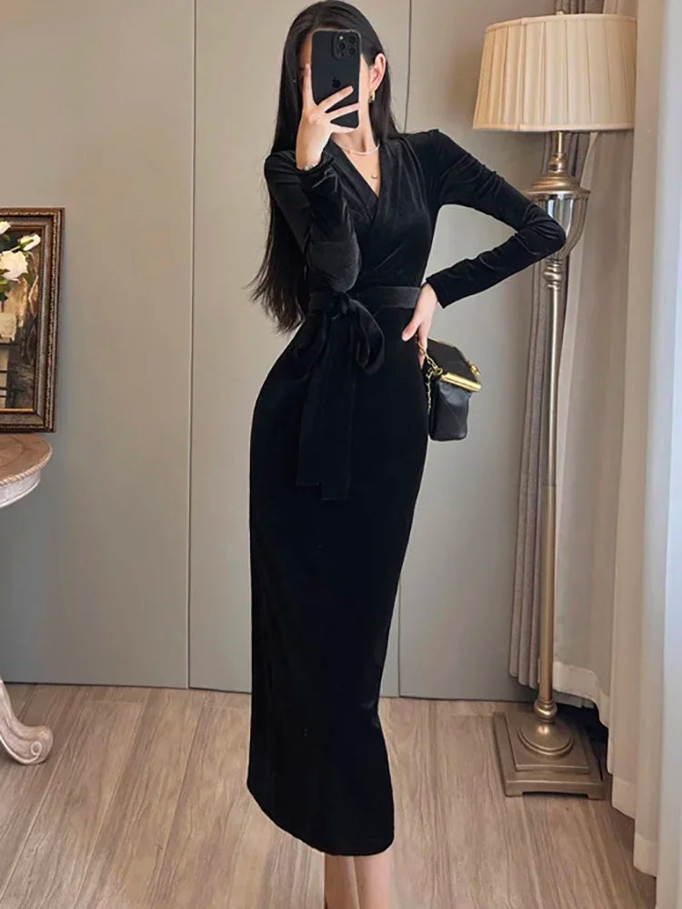 Cyflymder DRESS TO IMPRESS Autumn-winter Red Velvet Chic Bow Bandage Long Dress Luxurious Elegant Korean Vintage Evening Dresssheer Dresses for Women