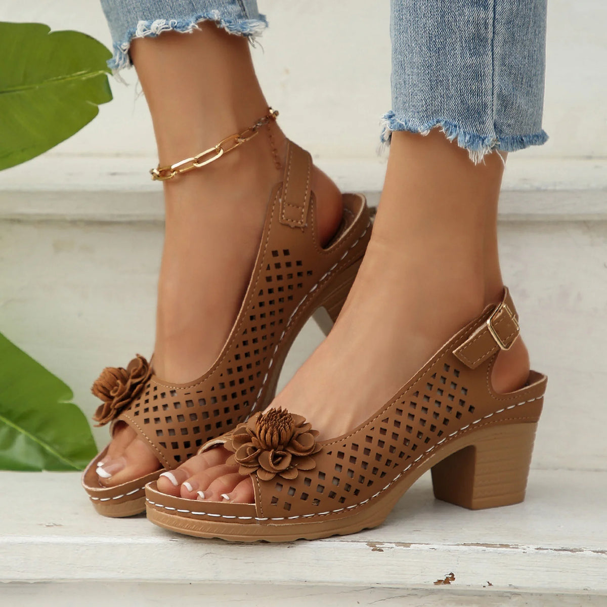 Cyflymder  Women's Summer Hollow out Breathable Slippers, 3D Floral High-heeled Sandals, Fashion Chunky Heel Buckle Sandals