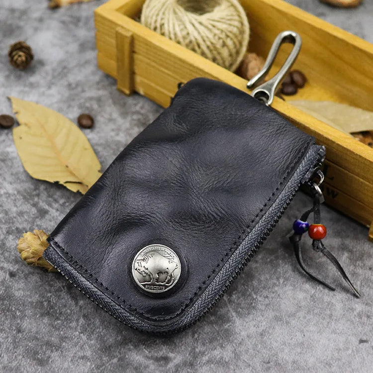 Cyflymder  Unisex Retro Real Leather Key Bag Zipper Card Bag Door Car for Men Women Key Holder Organizer Pouch Housekeeper Case