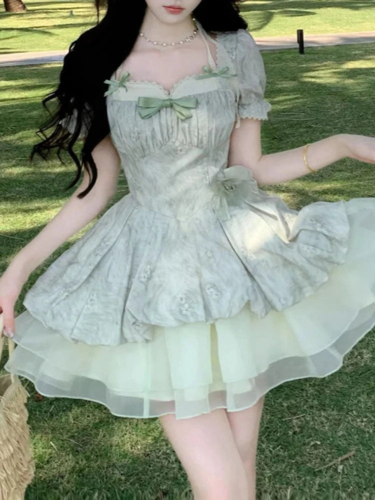 Cyflymder  Spring French Sweet Lace Ruffle Mini Dress Women New Kawaii Bubble Sleeves Slim Fairy Dresses Aesthetic Elegant Fashion Outfits