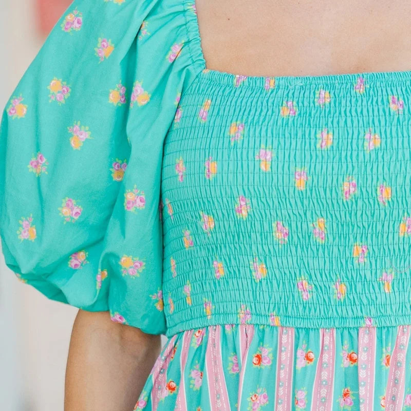 Cyflymder  Bohemian Dress y2k Women Floral Print Square Neck Puff Sleeve A-Line Dress Beach Party Long Flowy Dress Streetwear