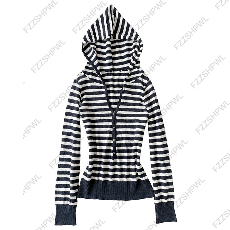 Cyflymder  Y2K American Retro Womens Hooded Knit Top Slim Half Button V Neck Long Sleeve Thin Knit Navy White Stripe Pullover Casual
