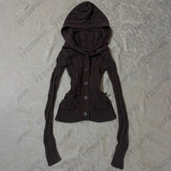 Cyflymder  Y2K Hooded Knit Cardigan Vintage vibe Harajuku Knitted sweater Fashion Punk Button Down Knitted Cardigan Gothic Long sleeve Top