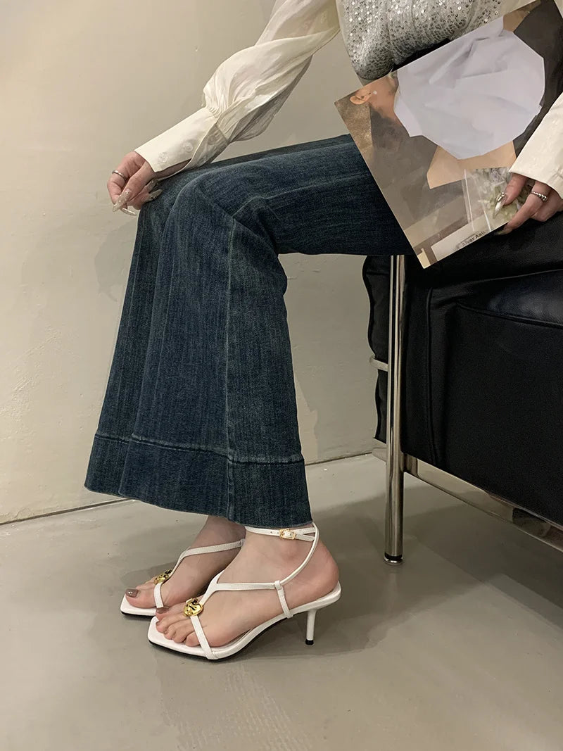 Cyflymder  Summer Fashion Metal Buckle Decoration Narrow Band Gladiator Sandals Women Square Toe Low Thin Heels Party Dress Shoes