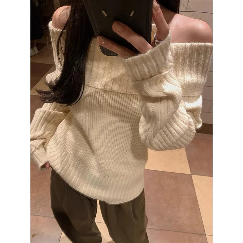 Cyflymder comfy outfits winter Vintage Off Shoulder Sweater Women Solid Elegant Sexy Knitwear Long Sleeve Jumper Slash Neck Causal Harajuku Pullovers