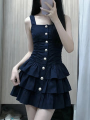 Cyflymder   Navy Blue Sweet Ruffle Mini Dress Women New Vintage Sleeveless Slim Fit A-Line Summer Dresses Pure Desire Y2k Party Outfits