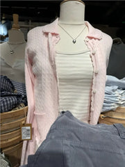 Cyflymder  Pink Twist Babydoll Top Cardigan Women Autumn New Lace Trim Collar Cotton Buttons Knitted Jumper Sweet Cute Preppy Style Sweater