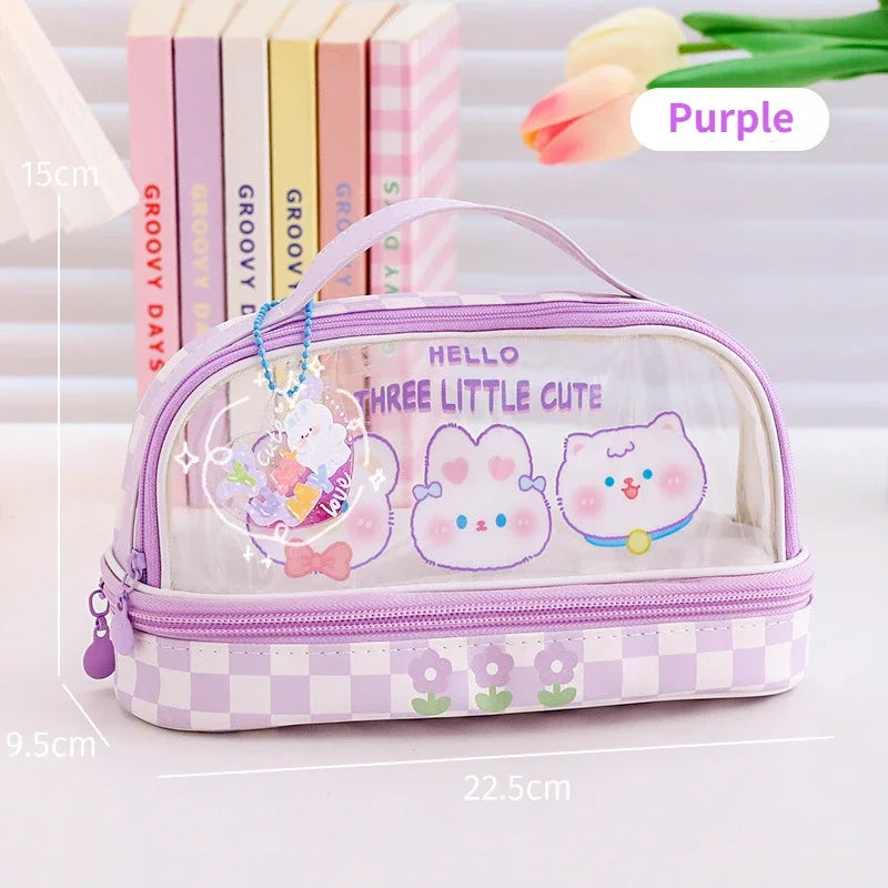 Cyflymder  Cute Transparent Pencil Case Kawaii Bunny Bear Pencil Pouch 2- Layer High Capacity Waterproof Protable Stationery Storage Bag