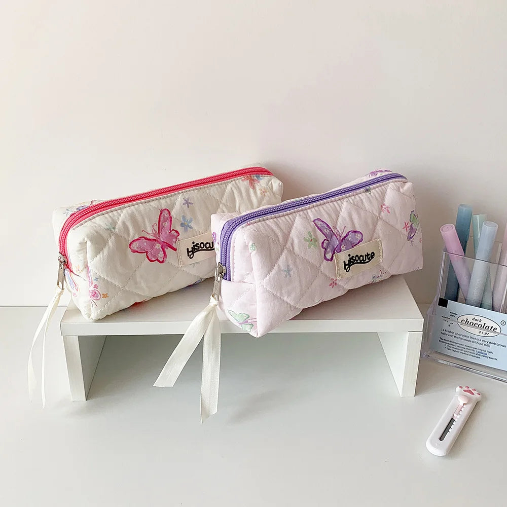 Cyflymder  1 Piece Korean Fashion Aesthetic Butterfly Pencil Case Print Floral Pink Purple Color Stationery Storage School Student Pen Bag
