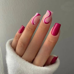 Cyflymder  24Pc Short Ballet False Nails Pink Lovely French Designs Glossy Glitter Press on Nails Full Cover Nail Tips Art Valentine Party
