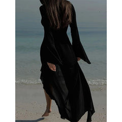 Cyflymder   Vintage Ruffled V Neck Beach Cover Up Women Casual Solid Flare Sleeve Bikini Cover Up New Vacation Lady Sunscreen Beachwear