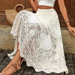 Cyflymder  Bohemian Style Hollow out Lace Half Skirt Women's Vacation Wear High Waist Flared Umbrella Skirt Cotton Polyester Knitted Long