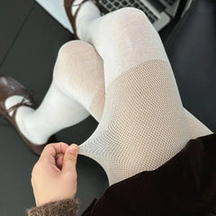 Cyflymder  Women's Color Block Tights Fake Thigh High Design Fishnet Mesh Panel Opaque Leg Slimming Pantyhose Stretchy Legwear Fall Winter