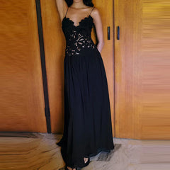 Cyflymder  Women Fashion Sleeveless Backless Beach Long Dress Lace Embroidery Off Shoulder Black Dress Sexy Suspender Pleated Holiday Dress