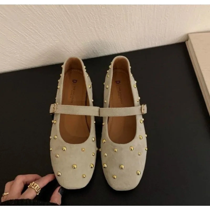 Cyflymder   Summer Brand Mary Jane Shoes for Women Fashion Rivet Suede Classic Retro Brown Casual Soft Bottom Comfortable Ladies Flats
