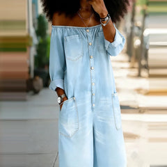 Cyflymder  Vintage Long Sleeve Pocket Rompers Elegant Lady High Waist Wide Leg Playsuits Fashion Design Style One-shoulder Denim Jumpsuits