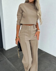 Cyflymder   Spring and Autumn New Fashion Small High Neck Fit Women's Set Solid Pocket Micro Horn Pants Set for office lady Outfits