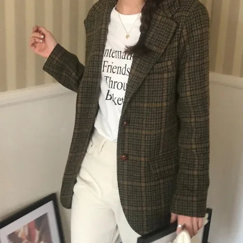 Cyflymder  Retro Briti Sle Plaid Woolen Coat Women's Chic Lapel Single Button Suit Jaet Trendy Mid-Length Long Sve Busin Wear