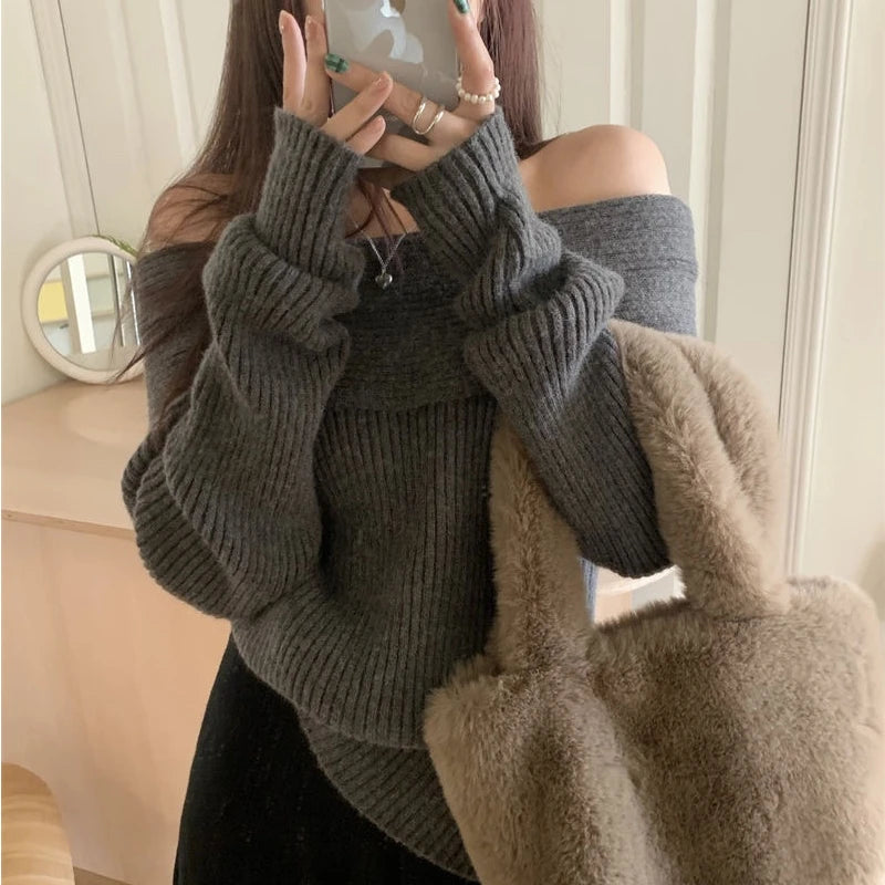 Cyflymder Off Shoulder Sexy Sweater Women Elegant Knitted Pullovers Korean Style Long Sleeve Fashion Autumn Winter Casual Jumpers