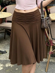 Cyflymder   Low Waist Pleated Women Midi Skirts Solid Color Knee-length Slim Fit Versatile A-Line Skirts Casual Daily Street Outfit