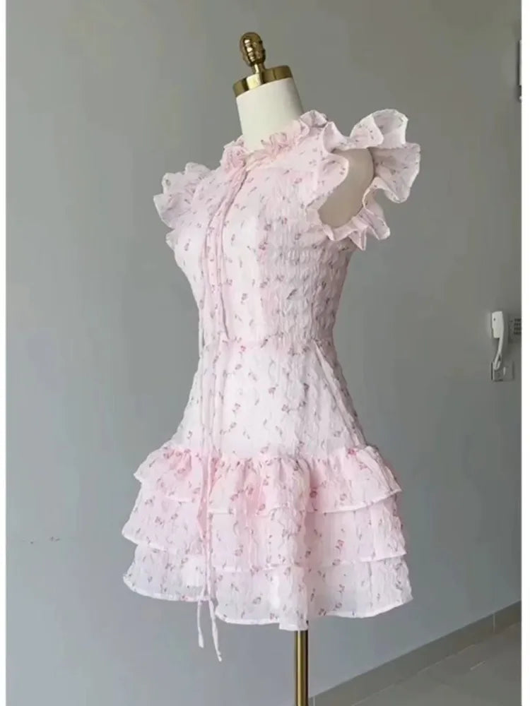 Cyflymder  Sexy Sweet Mini Dresses Women Floral Printed Ruffles Flying Sleeve Bandage Princess Elegant Dress Summer Female Party