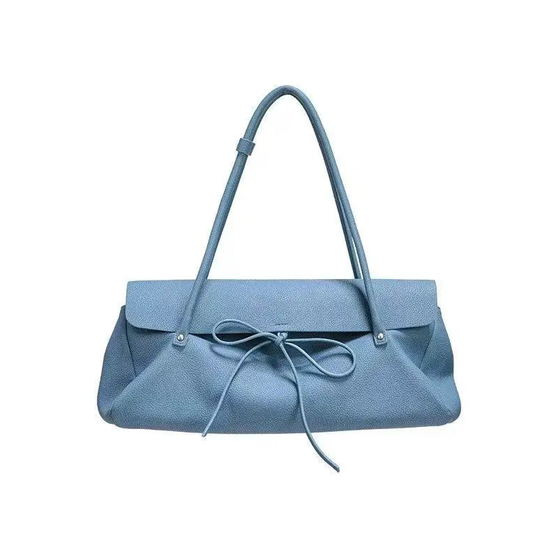 Cyflymder  Sweet Cute Bow Underarm Bag Women Blue Leather Large Capacity Shoulder Bags Ladies Fashion Casual Commute Versatile Handbag Chic