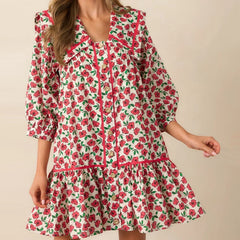 Cyflymder  Women Boho Floral A-line Short Dress Vintage Puff Sleeve Flowy Babydoll Dress Smocked Shirt Dresses Bohemian Mini Sundress