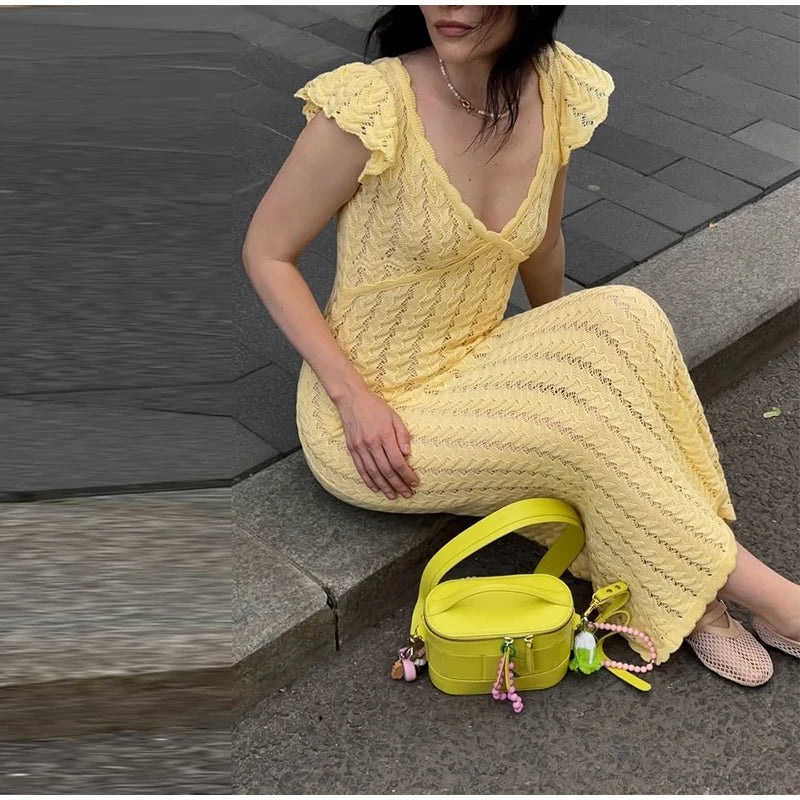 Cyflymder  Chic V-Neck Knitted Lace Long Dress Woman Hollowed Out Short Sleeves Slim Robes Solid Color Casual Elegant Women's Long Dresses