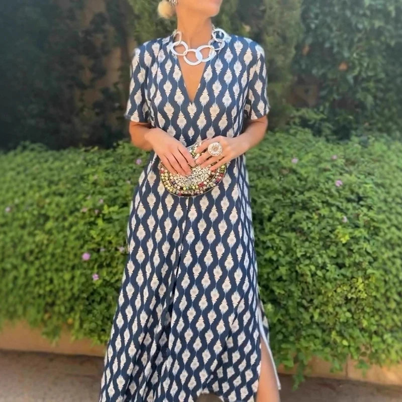 Cyflymder  Leisure High Waist Pattern Printed Women's Dress Summer New Loose Party Maxi Dress Elegant V-neck Short Sleeve Commuting Dresses