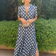 Cyflymder  Leisure High Waist Pattern Printed Women's Dress Summer New Loose Party Maxi Dress Elegant V-neck Short Sleeve Commuting Dresses