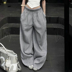 Cyflymder   Textured Woven Elastic Waist Pants Low Waist Striped  Wide Leg Trousers for Daily Summer Women Casual Straight Pant y2k