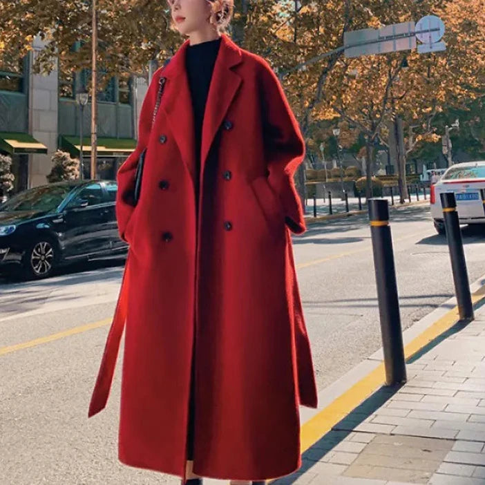 Cyflymder Winter Trench Coat For Women Elegant Fashion Korean Casual Thick Wool Coat Red Lace-up Long Jacket  Black Woman Coat With Blet