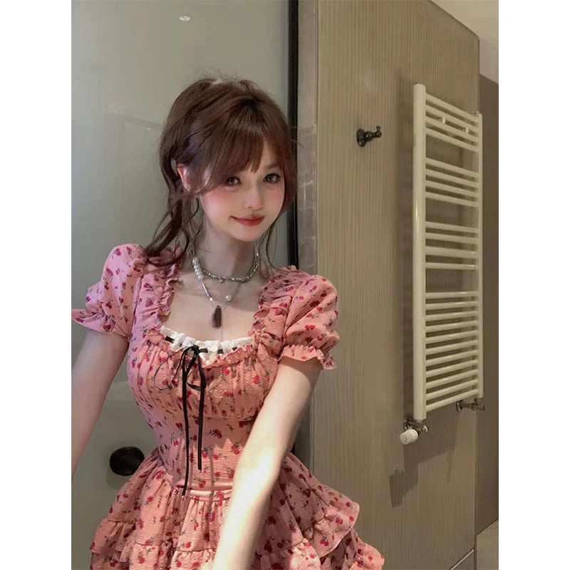 Cyflymder  Kawaii Floral Mini Dress Women Fashion Party Ruffles Print Dresses Summer Korean Cute Puff Short Sleeve Bodycon A Line Vestidos