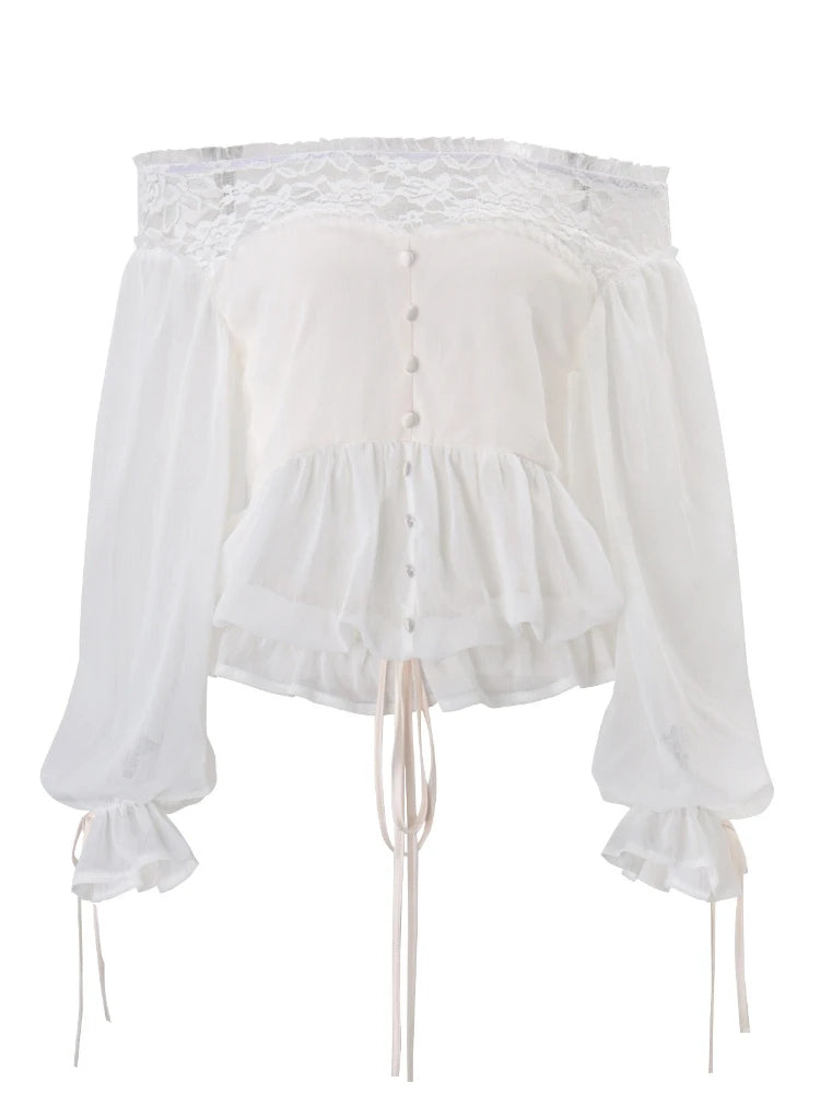 Cyflymder   Summer Slash Neck Lantern Sleeve Folds Off Shoulder Loose Lace-up Women Blouse