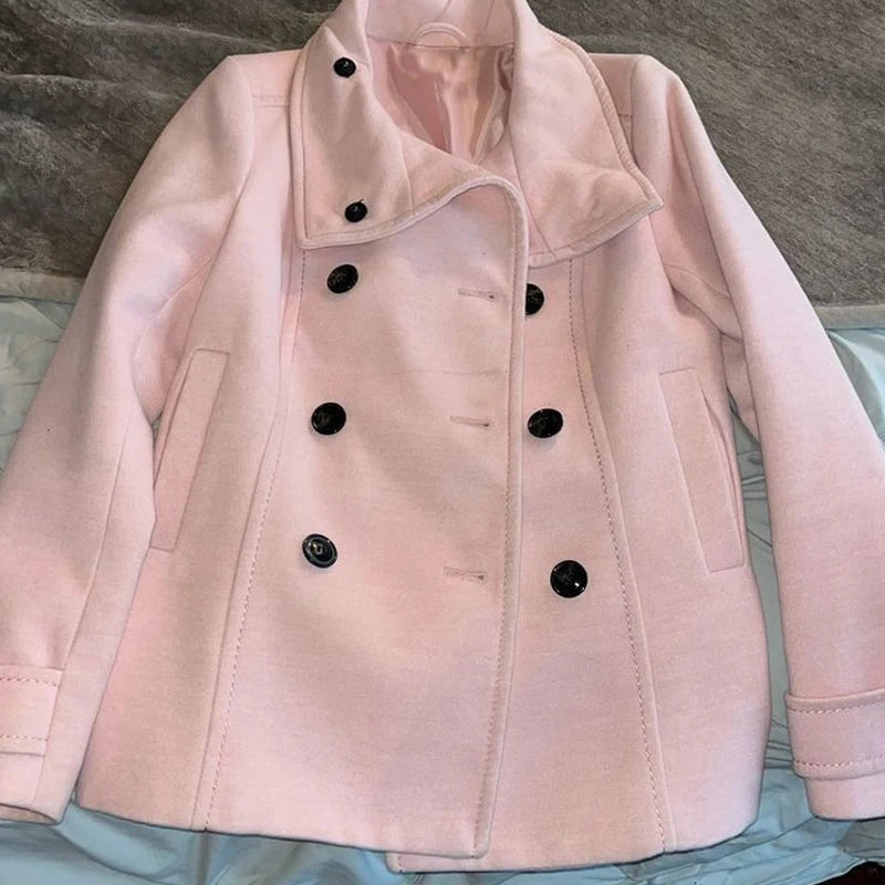 Cyflymder  Women's double breasted wool blend short coat featuring solid pink color lapel collar loose long sleeves suitable autumn winter